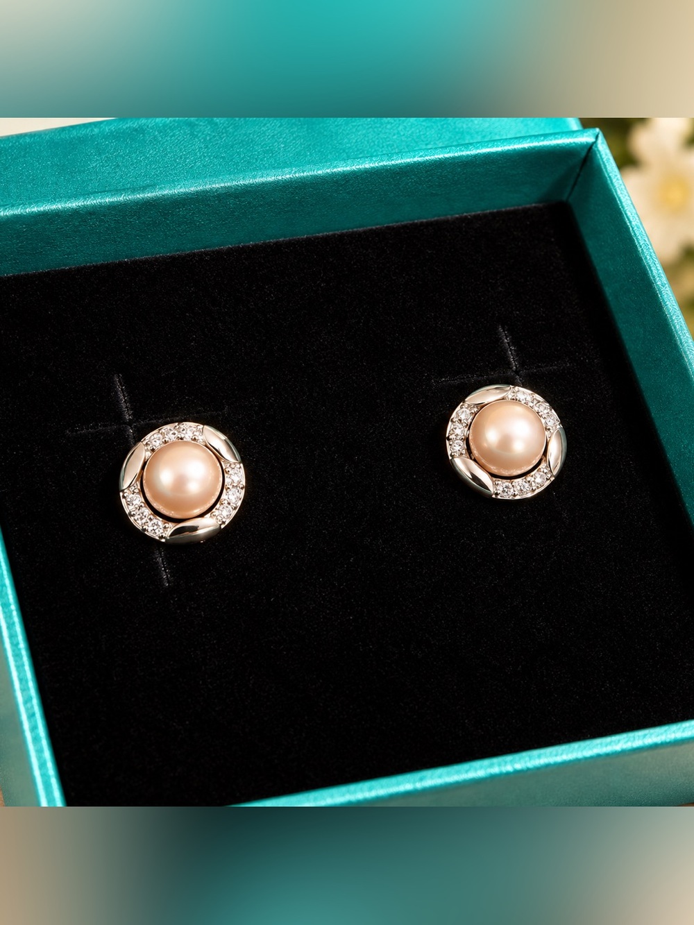 Champagne Pearl Stud Earrings | Silver-Tone Crystal Halo | Elegant Classic Jewe